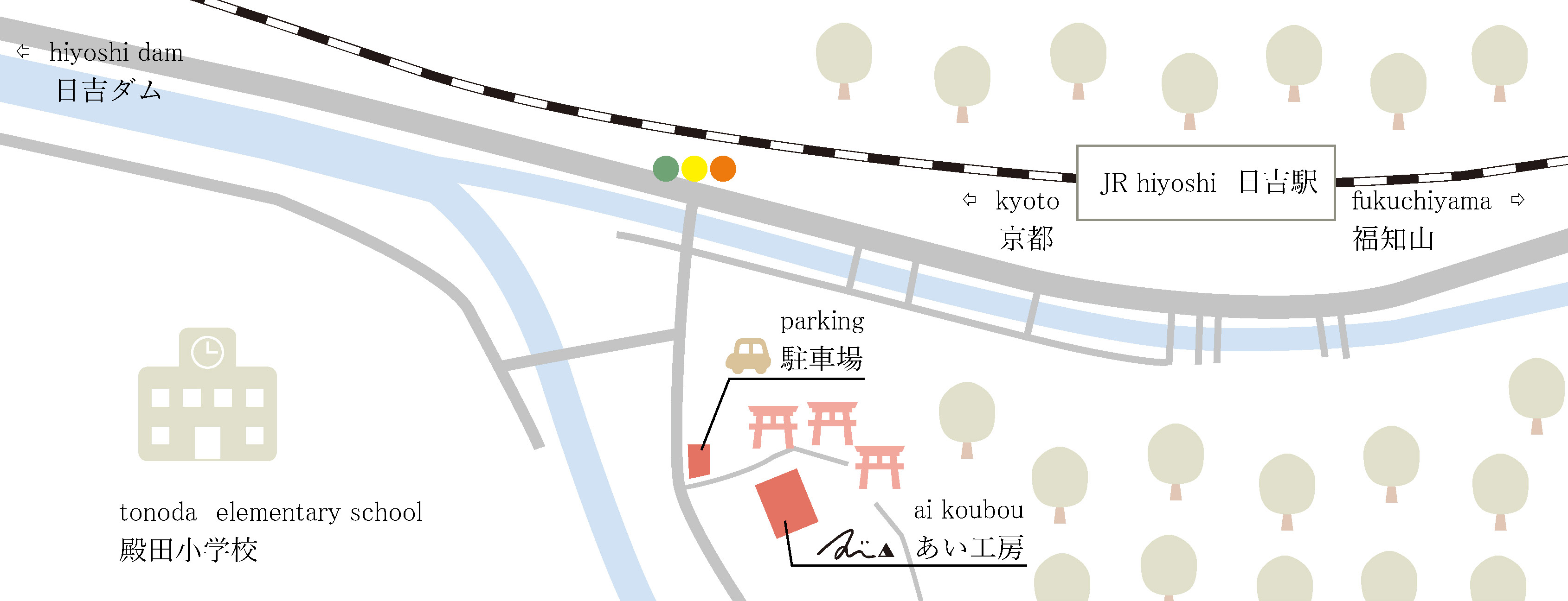 最寄りのJR日吉駅からあい工房までの地図